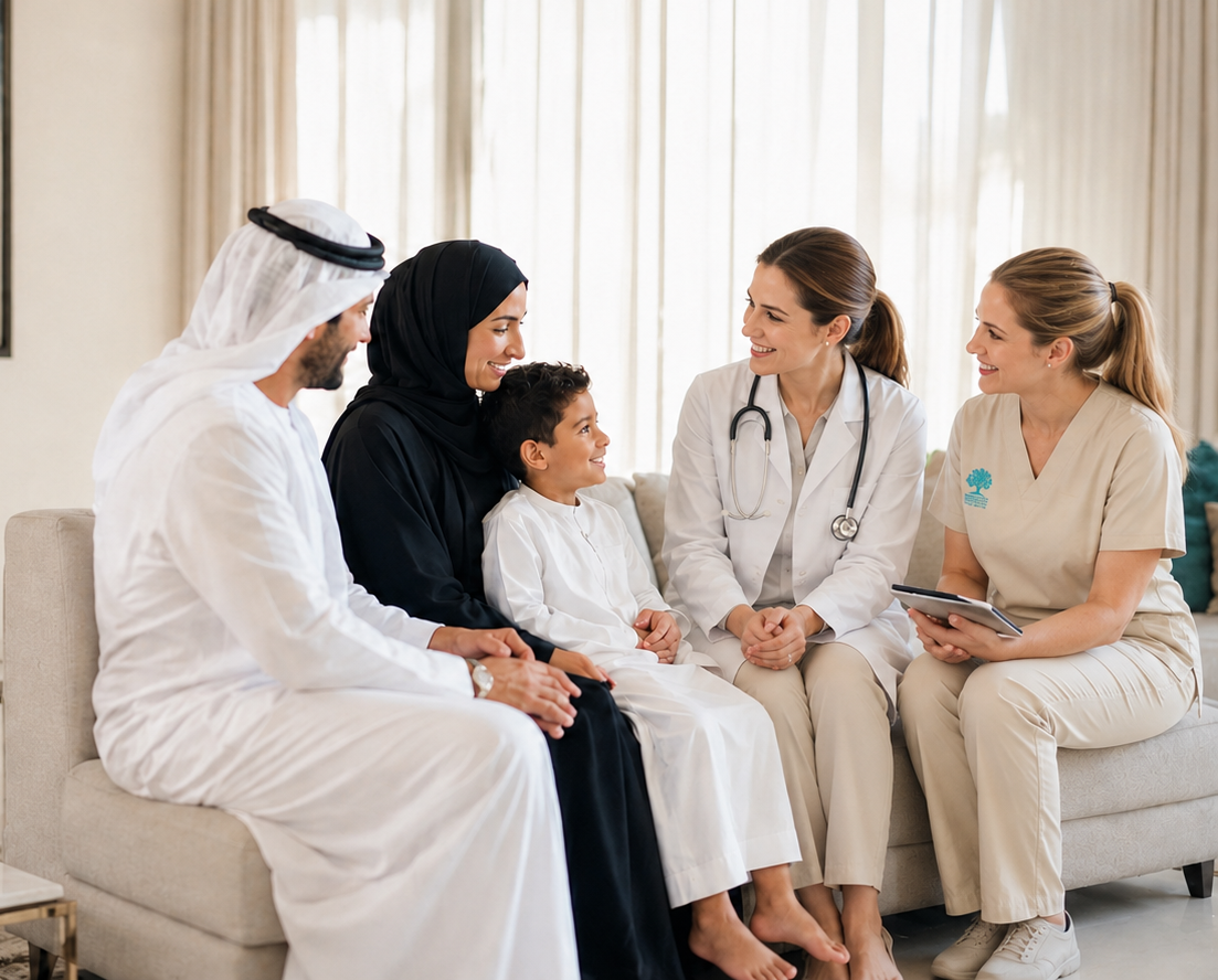 Arab family consulting with an Ikshanaa doctor and nurse at home