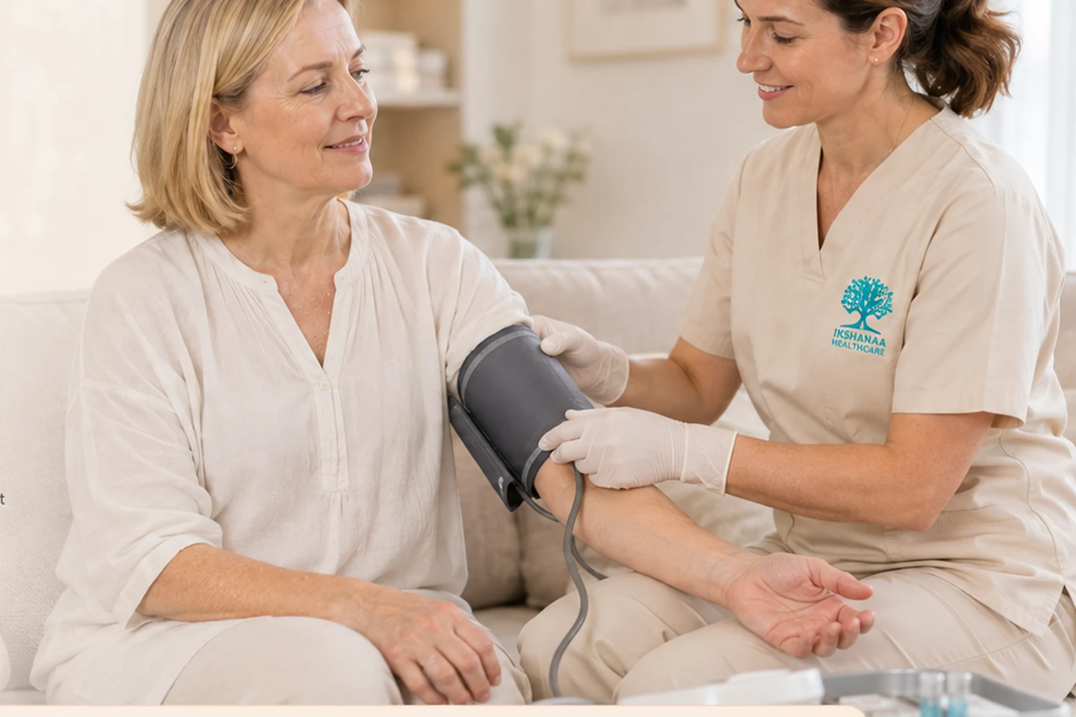 Western patient receiving a blood pressure check from an Ikshanaa nurse at home
