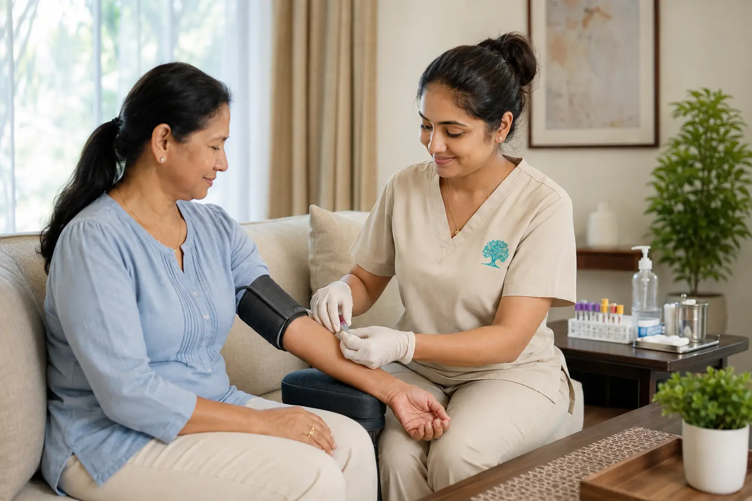 Nurse collecting a blood sample from a patient during an at-home health screening