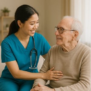 A caregiver assisting an elderly woman with daily activities at home, representing professional elderly care services.